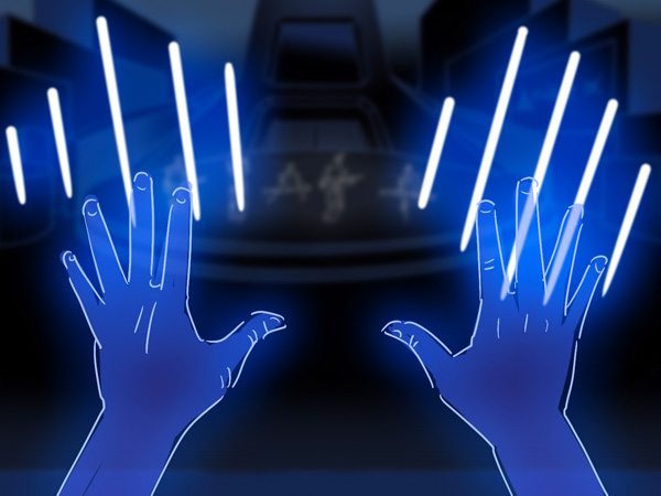 Sketch of hands and neon light flashes