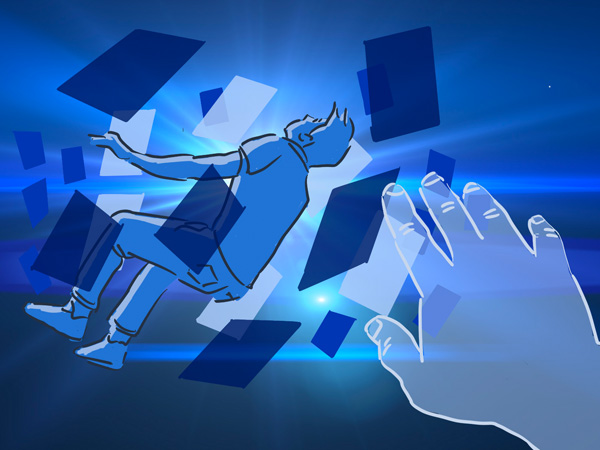 Sketch of man suspended in virtual space