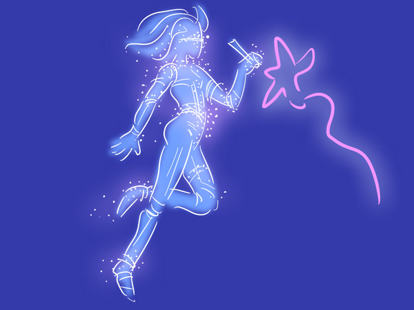 Sketch of a woman floating in virtual space