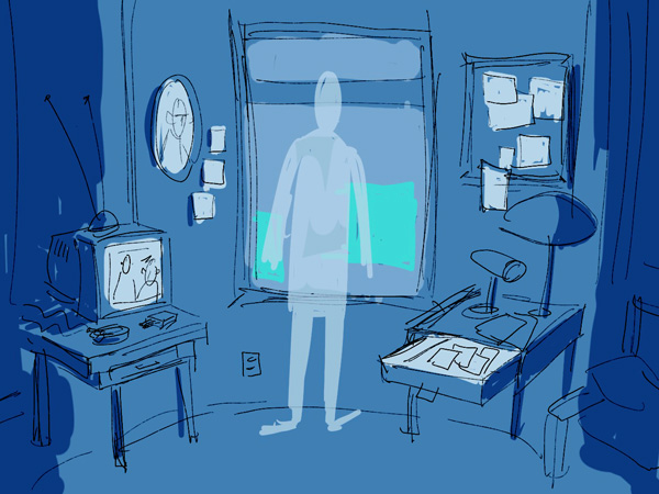 Sketch of a person in small room