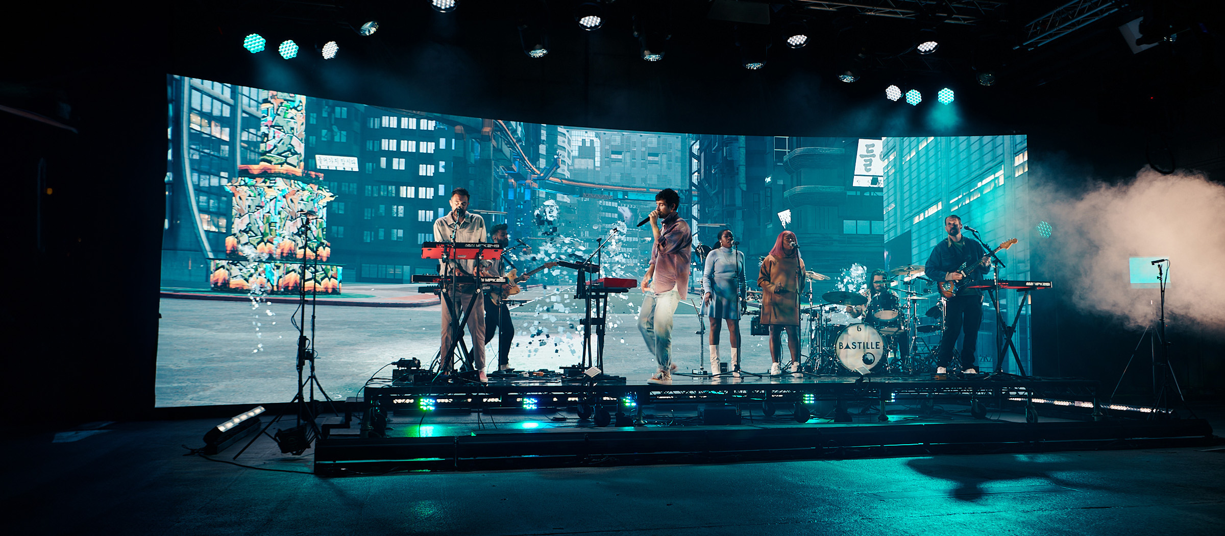 A band performing on a virtual production stage.