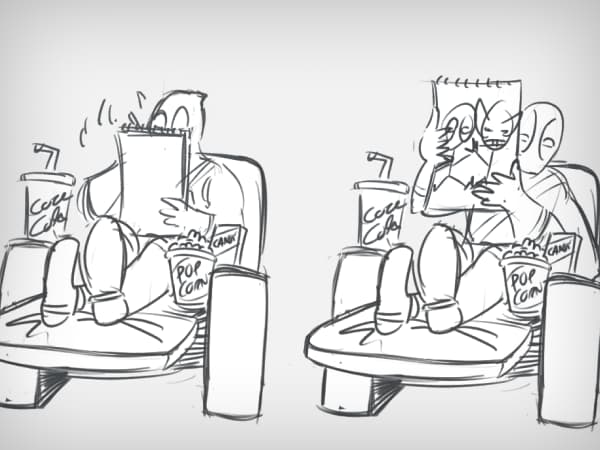 sketch of Deadpool watching movies at home