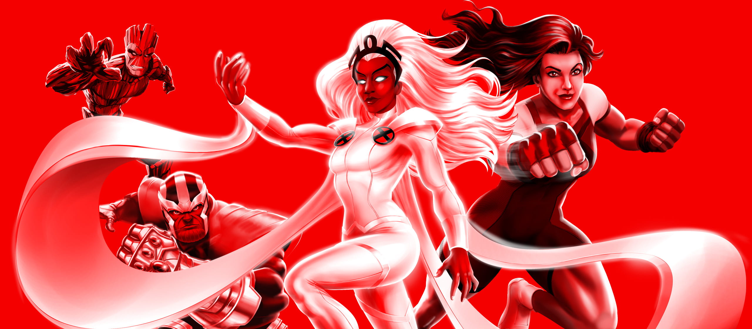 splash illustration of marvel superheroes on red background