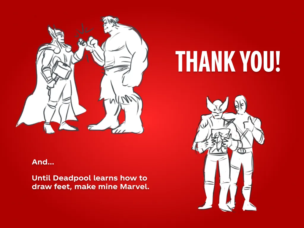 superheroes bumping fists and being friends. Thank you text on image.
