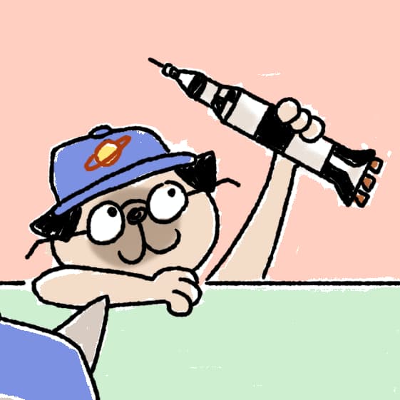 A cartoon image of a pug wearing glasses