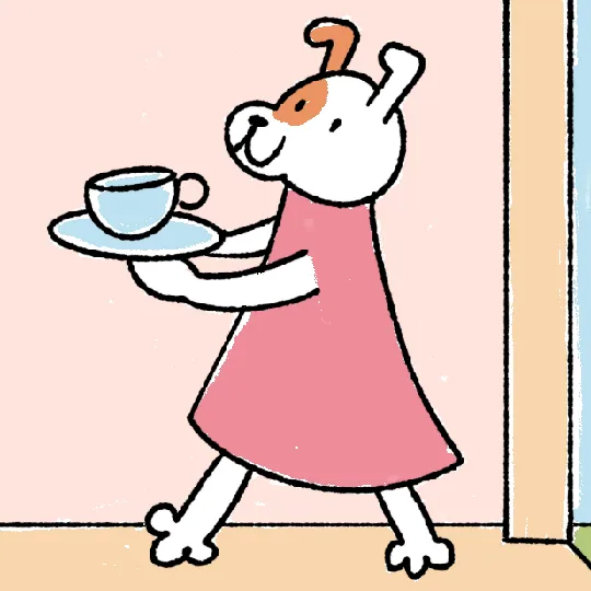 A cartoon image of a terrier-type dog wearing a pink dress