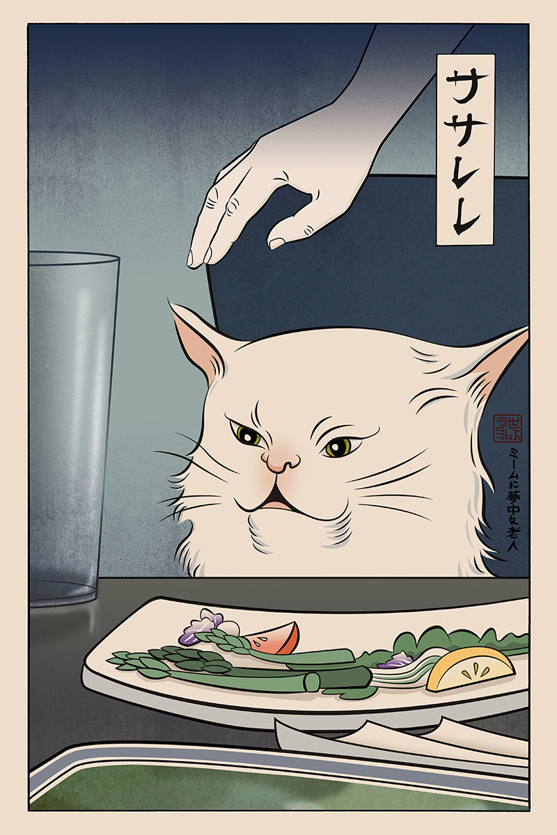 japanese ukiyo-e image of a white cat in front of salad