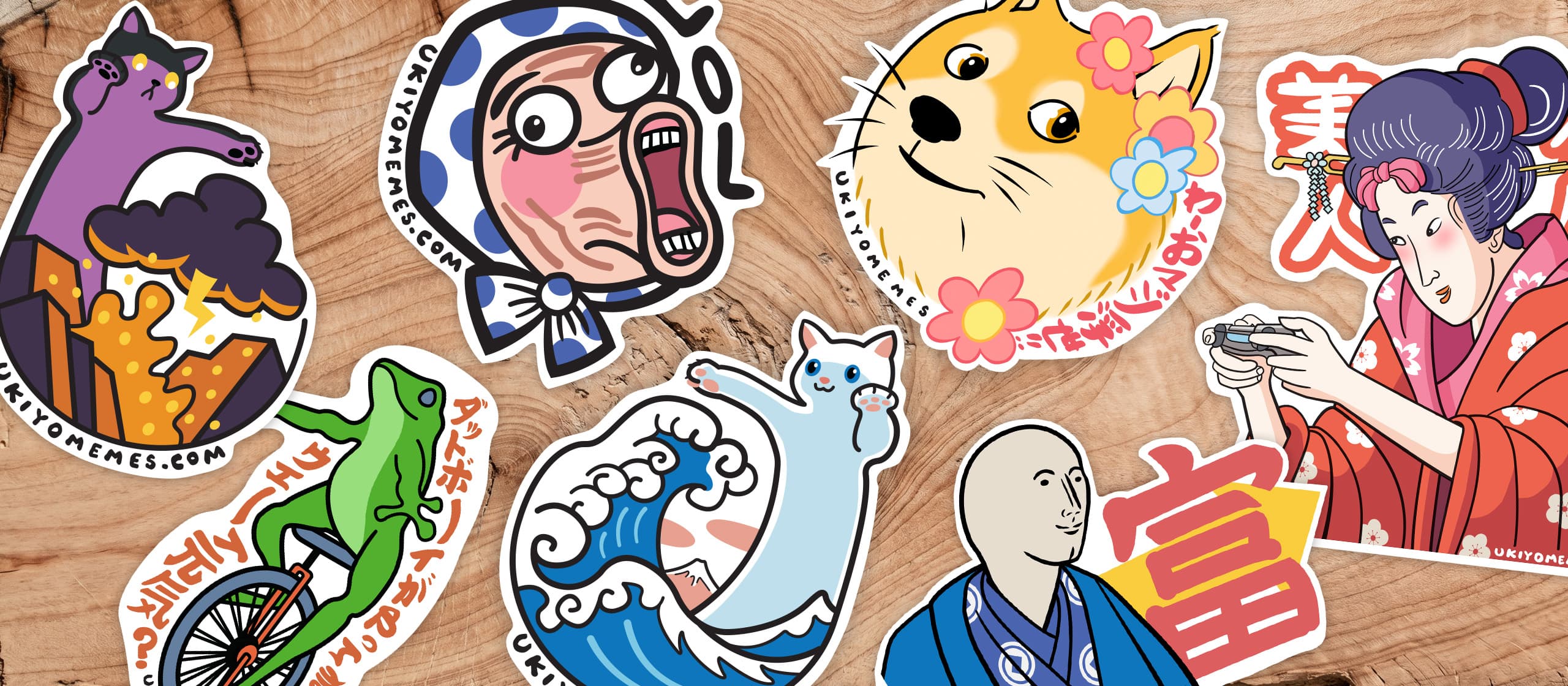 a collection of strange stickers on a wood board