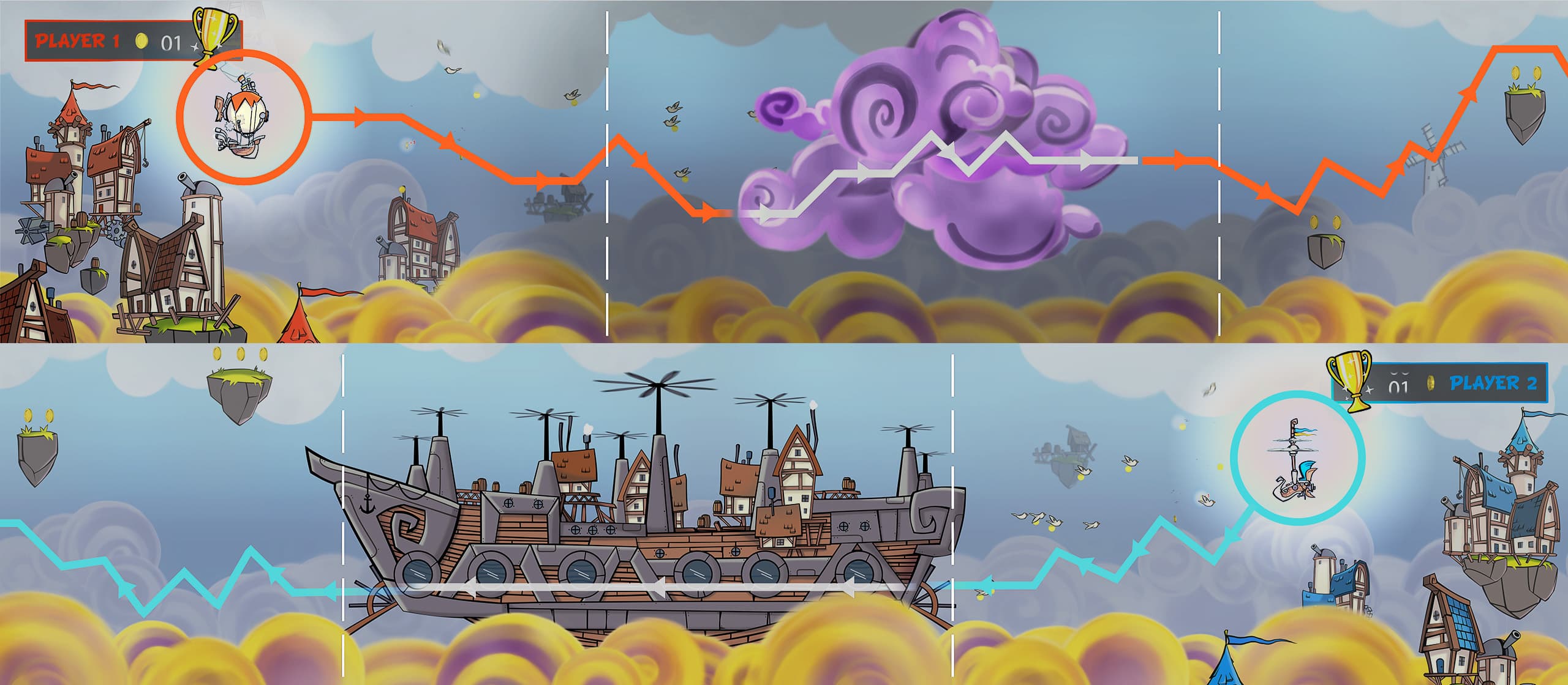 In-game screens of a airships in front of a stormy sky