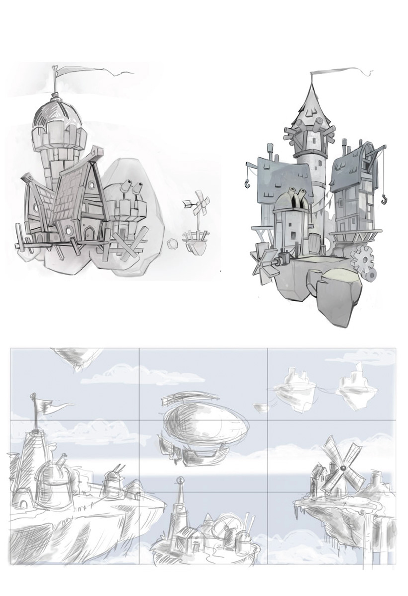 Concept art sketches for a video game
